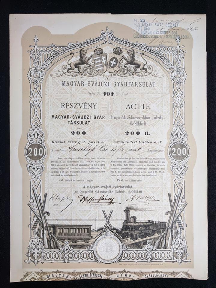 Magyar-Svájczi Gyártársulat részvény 200 forint 1869
